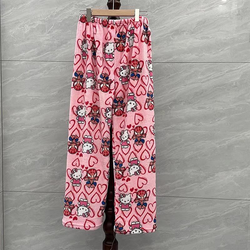 Women's Winter KT Cat Cartoon Flannel Sleep Pants - Thick, Warm, and Cozy for Home