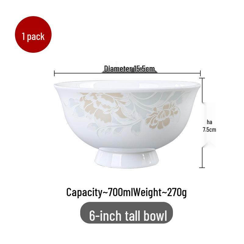 Chinese-Style Ceramic Bone China Bowl Set: Large Soup & Noodle, Rice Bowls, Plates, and Hat Bowl.