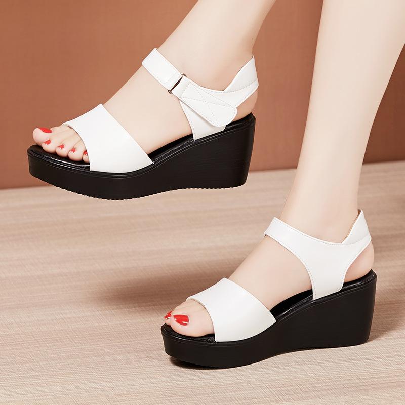 

6cm Small Size 32-43 Comfortable Med Heels Wedges Sandals Platform Shoes Summer 2025 All Match Soft Leather Sandals Office Mom 32 білий