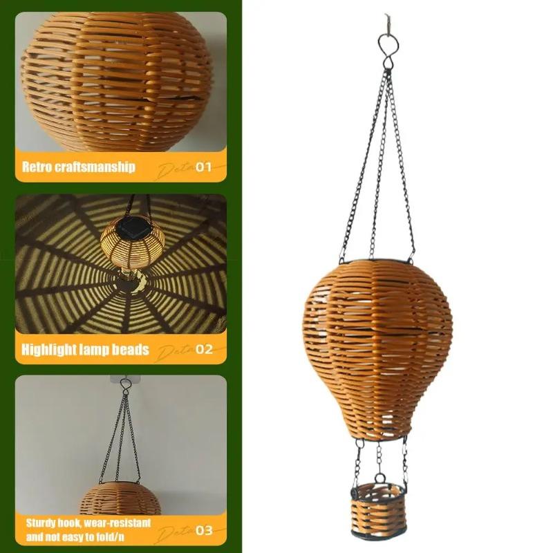 Solar Powered Hot Air Balloon Rattan Lantern - Handwoven Hanging Light, Waterproof Outdoor Decor for Garden Patio Porch