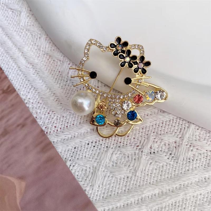 Multicolor Crystal Gem Pearl Big-Headed Cat Cute Enamel Pins Zircon Cartoon Metal Women's Brooch Jewelry Accessories