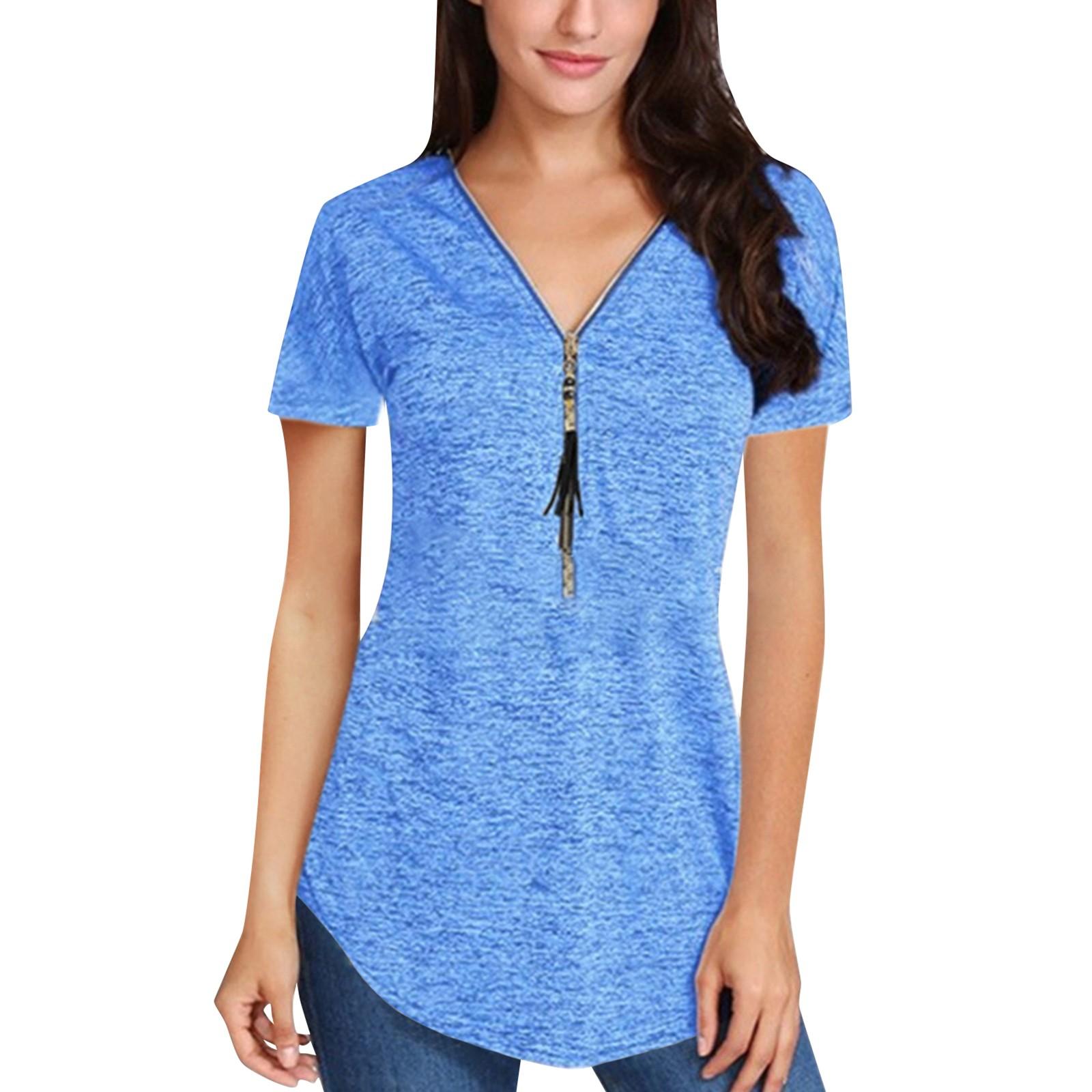 

Women s Fashion Summer V-neck Tassel Zipper Color Short Sleeve Pullover T-shirt Top M синій