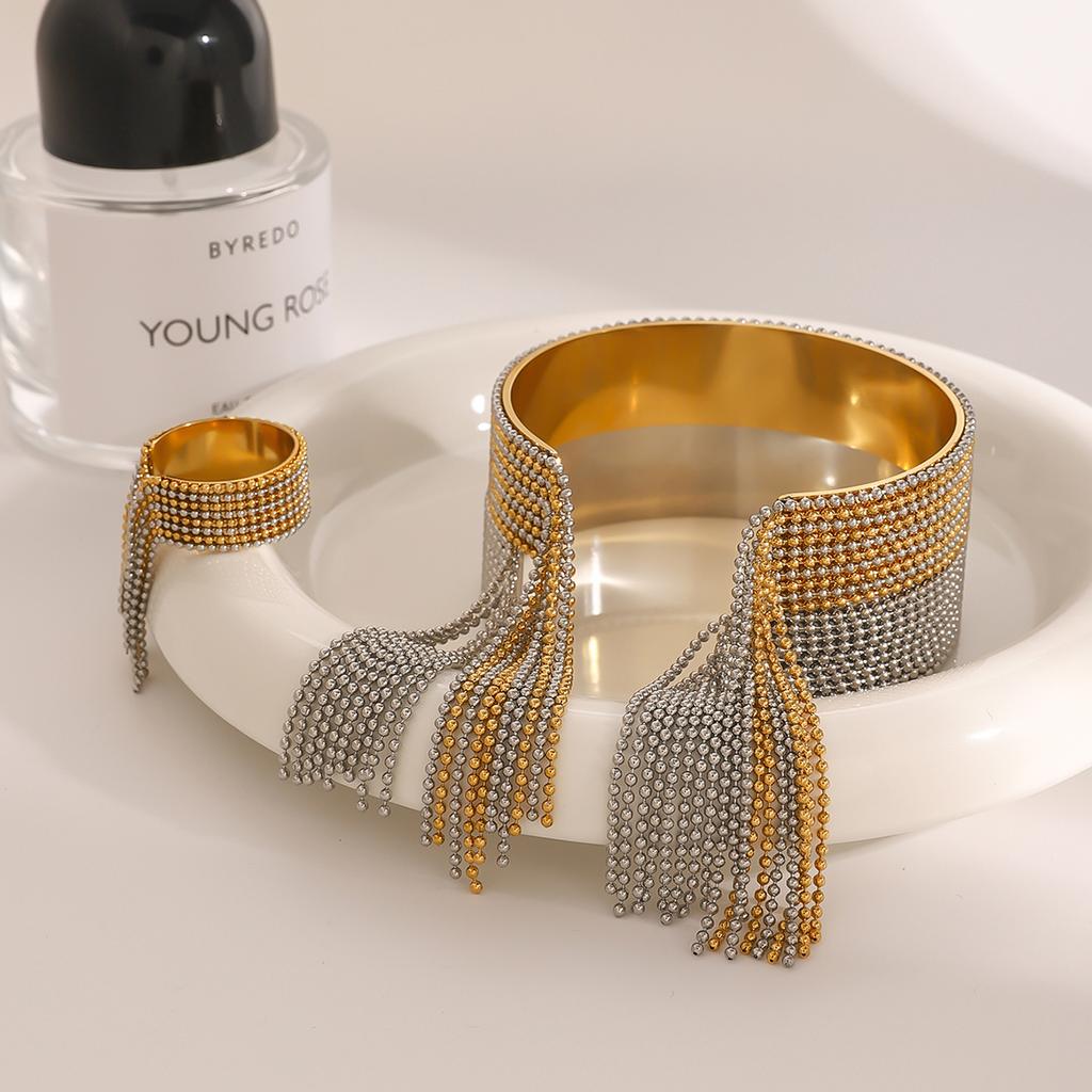 Youthway Exaggerated Personality Stainless Steel Two Color Circle Beads Tassel Bracelet Ring For Women Anti Allergic Jewelry