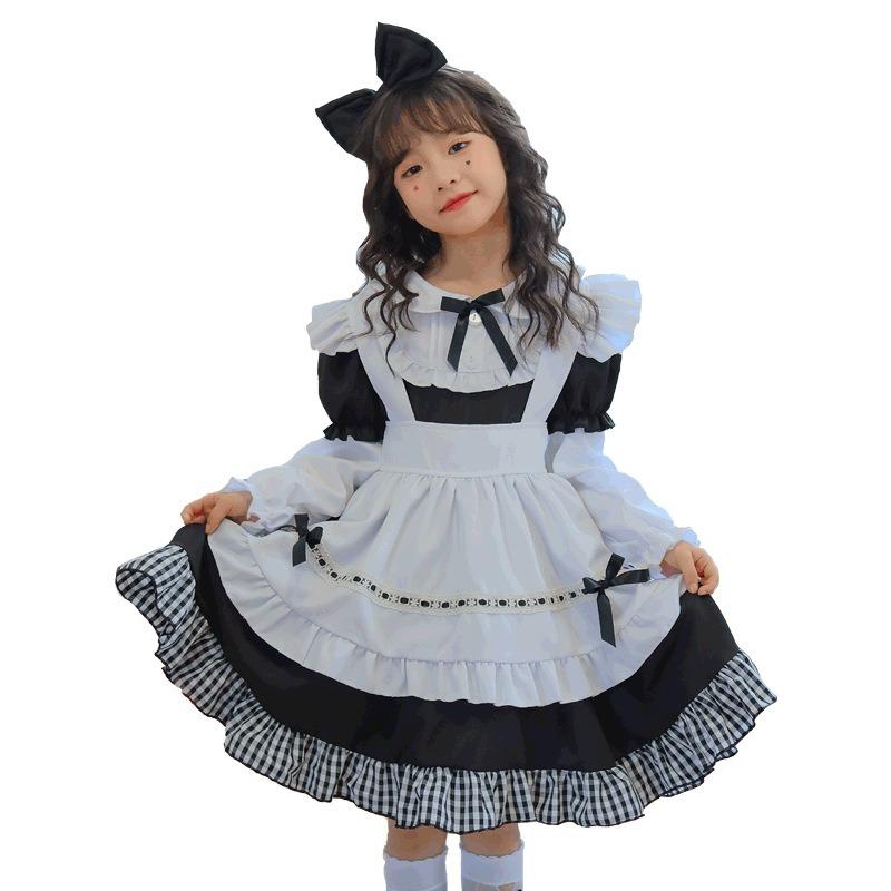 Black and White Plaid Long Sleeve Maid Dress Alice Lori Lolita Princess Dress Children's Dress Girls Lolita Performance Dress