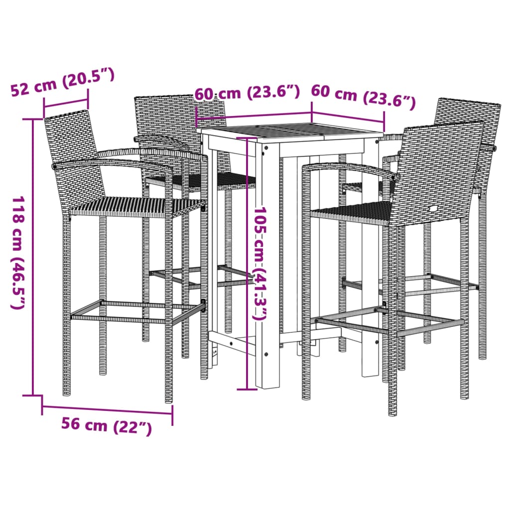 5 Piece Outdoor Bar Set Grey Solid Acacia Wood and Poly Rattan