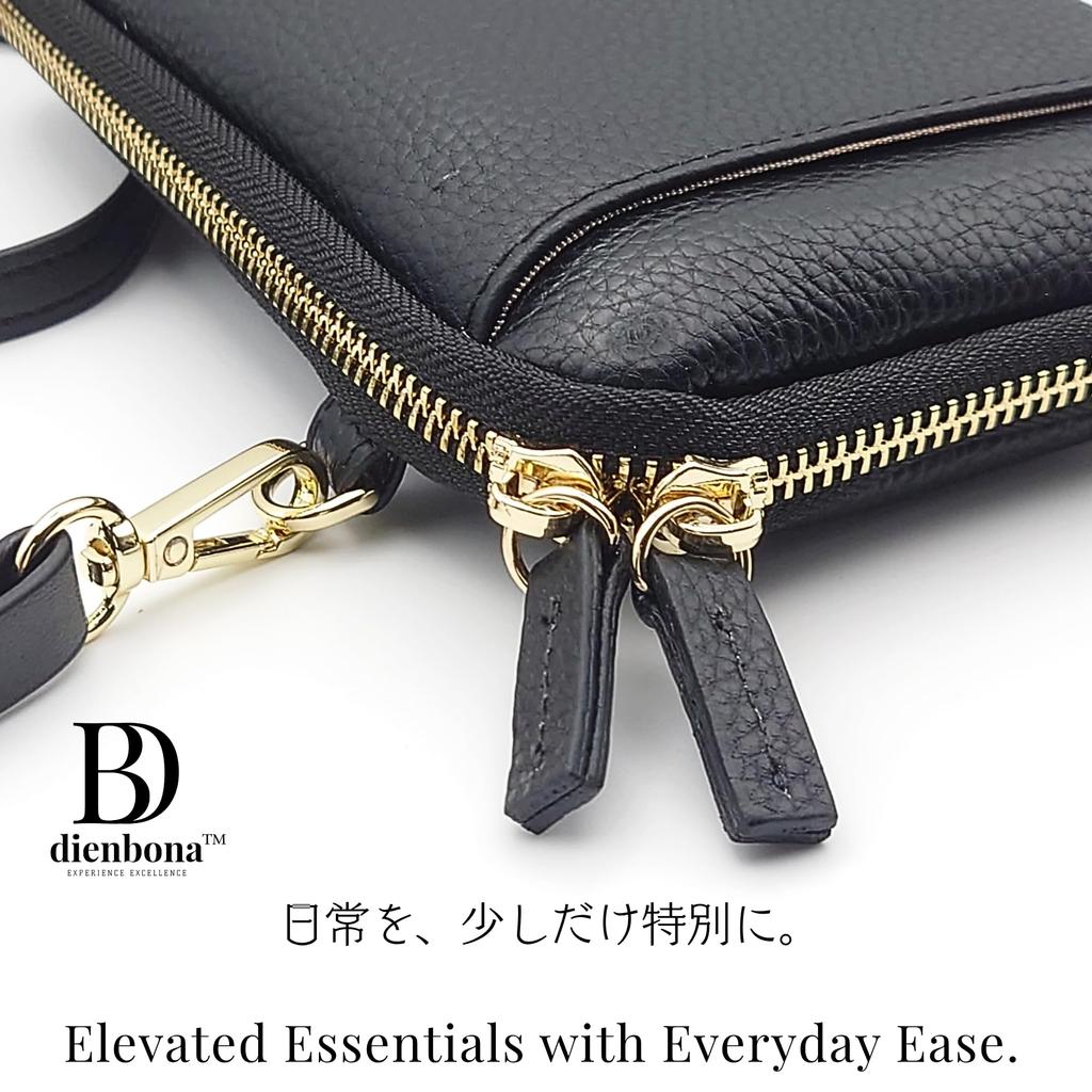 Dienbona Genuine Leather Smartphone Pouch, Women's Shoulder Bag, Crossbody Smartphone Pouch, with Interchangeable Wide Strap (Black)