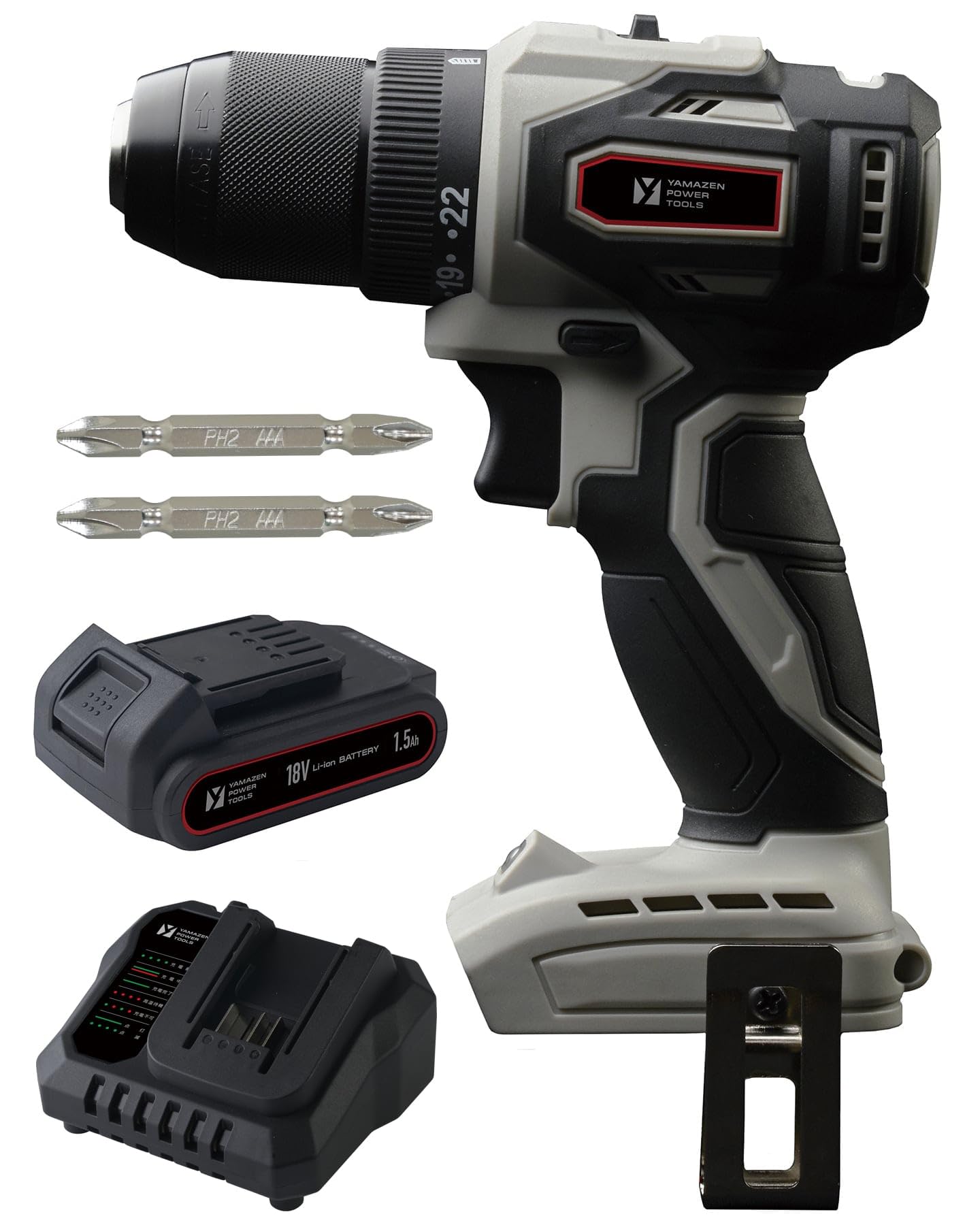 

Yamazen 18V Rechargeable Drill Set and One Battery Maximum Tightening Torque of 40Nm with LED and Driver, 3-Piece (Main Unit, Charger, 1.5Ah Pack), серый