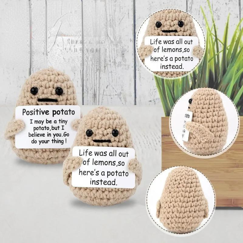 1 PCS Positive Energy Potato Mini Handmade Plush Knitted Doll with Card Fun Stress Relieving Knitted Doll Home Decoration