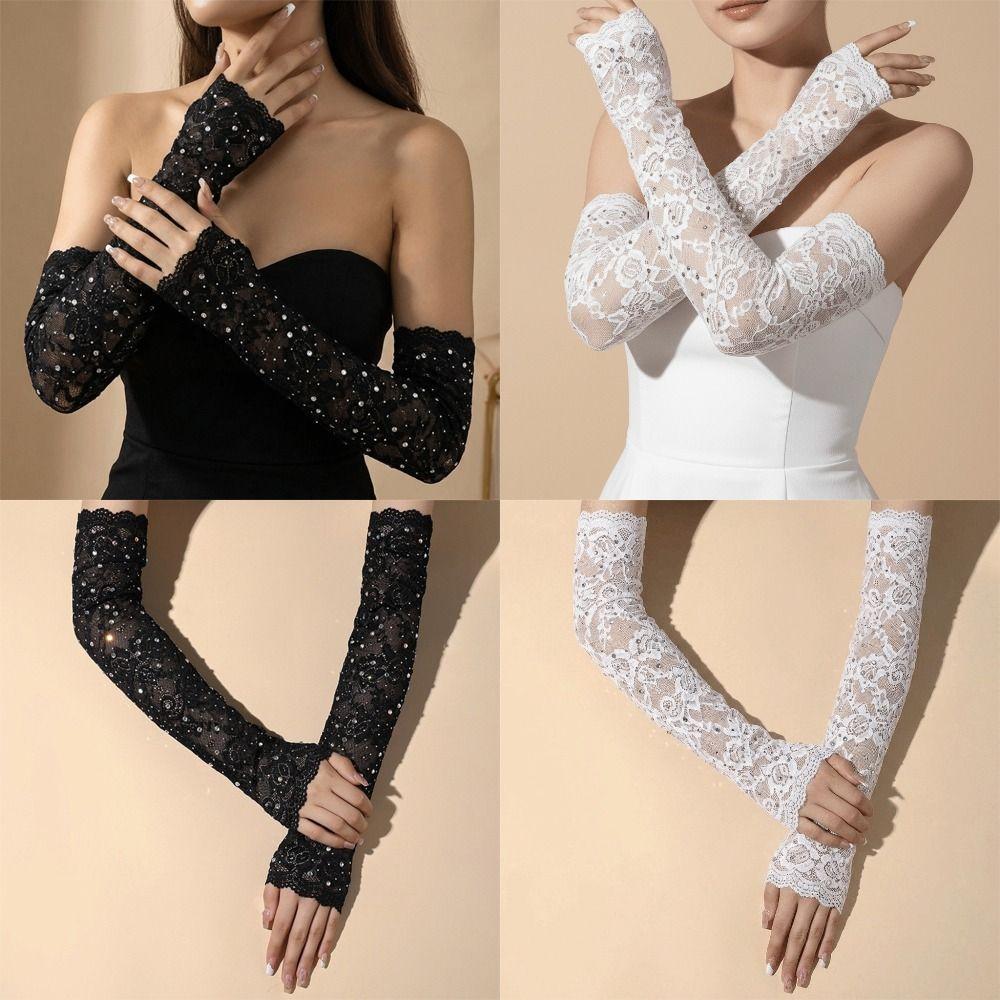1 Pair Elasticity Mesh Gloves Glitter Rhinestone Gloves Retro Lace Gloves for Women