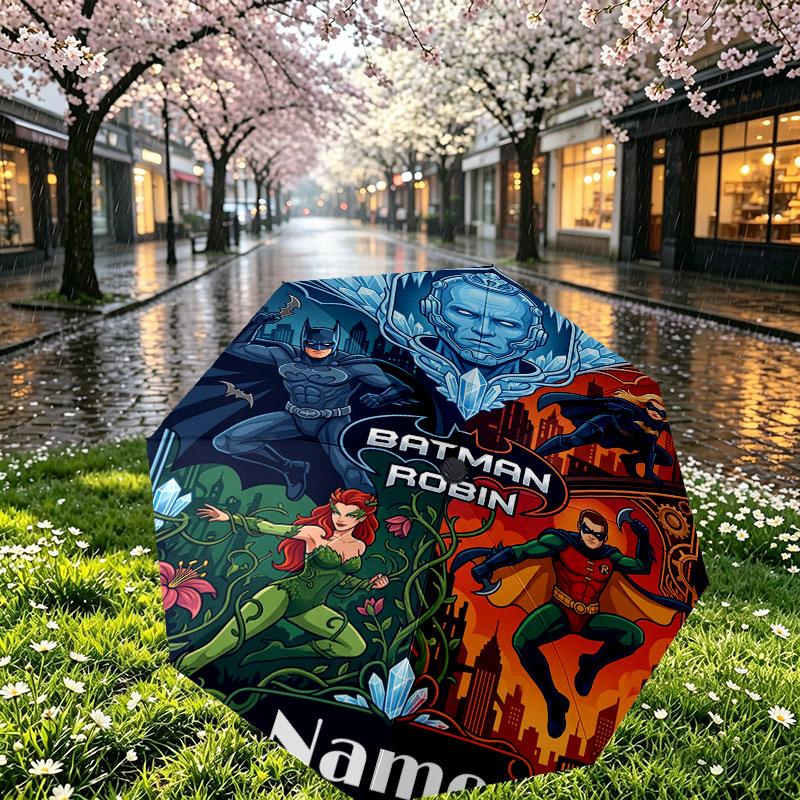 Custom Name Personalized Batman Print Umbrella, Auto Open Close, 8‑Rib Sturdy Frame, Commute Camping Hiking Use, Birthday Gift