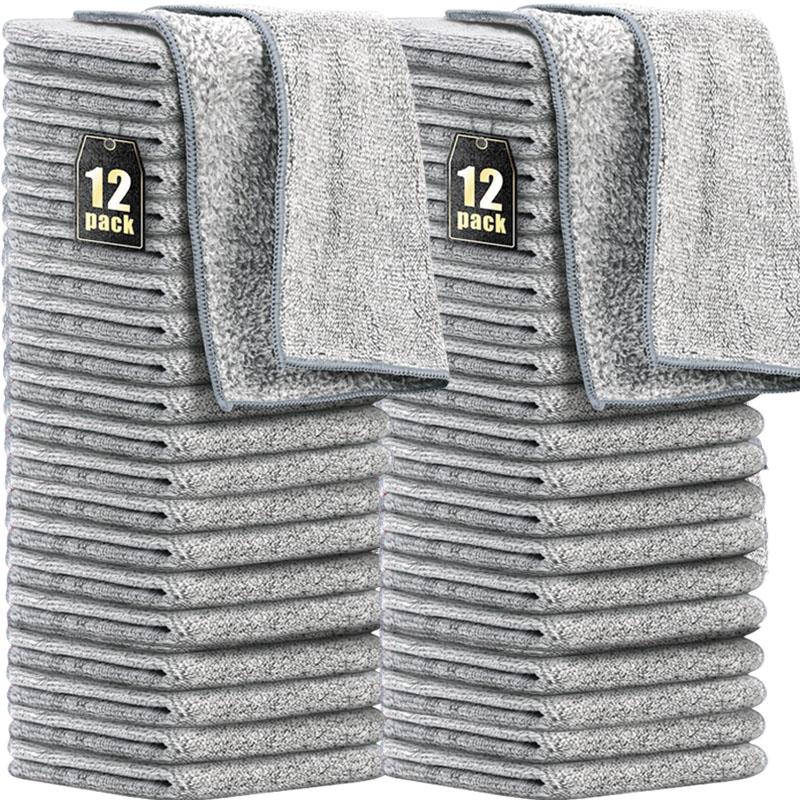 1/12PCS Gray Bamboo Charcoal Thickened Super Absorbent Dishcloth Anti-grease Home Kitchen Wiping Rags Microfiber Cleaning Cloths 1PC