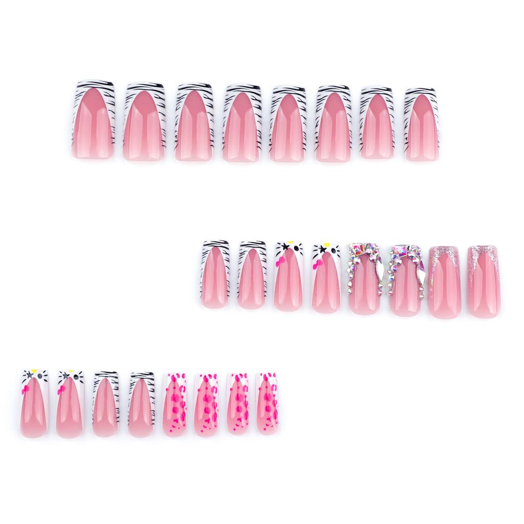 Französisches Schwarz-Weiß-Zebra-Muster tragende Nagel-Flash-Diamant-Flash-Maniküre-Fingernagel-Press-On-Nägel-Nagelstück