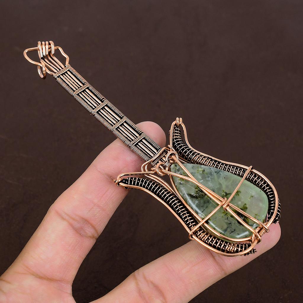 Moss Prehnite Handmade Copper Wire Wrap Guitar Pendant 4.53" V6G57