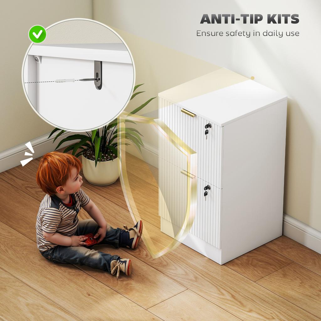 Filing Cabinet, Fluted Vertical File Cabinet with 2 Lockable Drawers and Hanging Rails, White