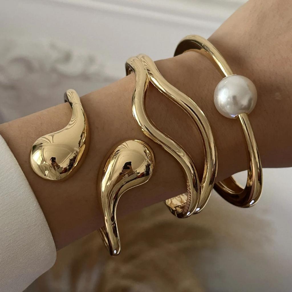 DIEZI 3 style Pearl Cuff Bangles Punk Hip Hop Men Gold Silver Color Metal Water Drop Spring Bangles  Women Bracelet Jewelry