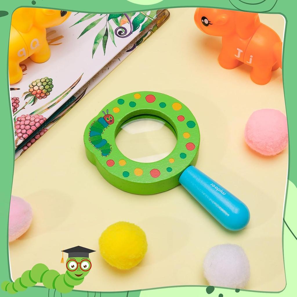 Kaisibum Children's Magnifying Glass Outdoor Wooden Magnifier Children's Cartoon Caterpillar Hand Magnifier for Home School Outdoor Garden Tool