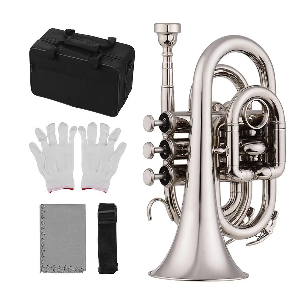 Mini  Trumpet Bb Flat Brass Material Wind Instrument with Mouthpiece Gloves Cleaning Cloth Carrying Case  Trumpet