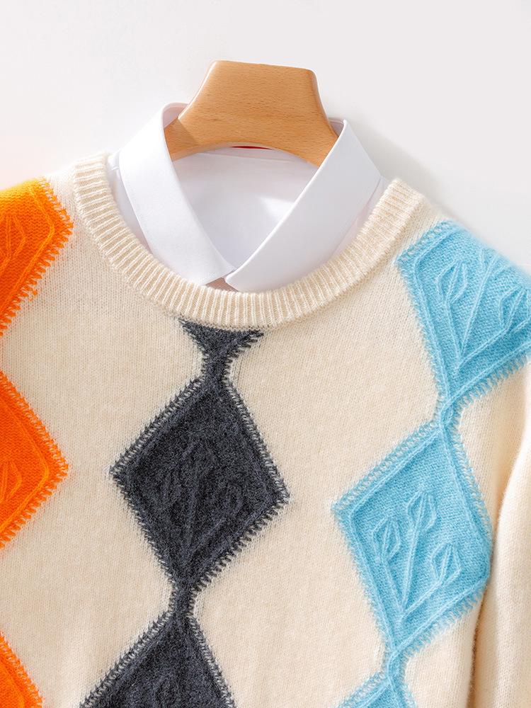 Men's Wool Color Block Round Neck Sweater - 2024 Autumn/Winter Collection