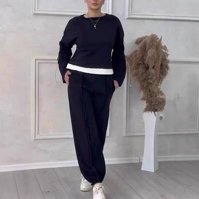 2 Pcs/Set Women Top Pants Suit Round Neck Long Sleeves Contrast Color Blouse Ankle-banded Loose Trousers Sport Casual Outfit Fall Spring Tracksuit