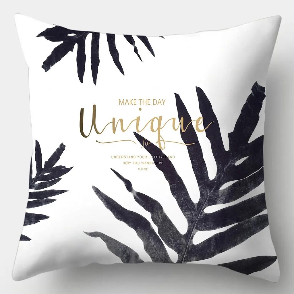 Black And White Pillowcase 45Cmx45Cm Square Sofa Pillow Cover Stripes Leaves Pattern Cushion Cover
