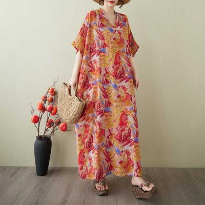 Women's Vintage Long Dress with Cotton and Linen Patterns