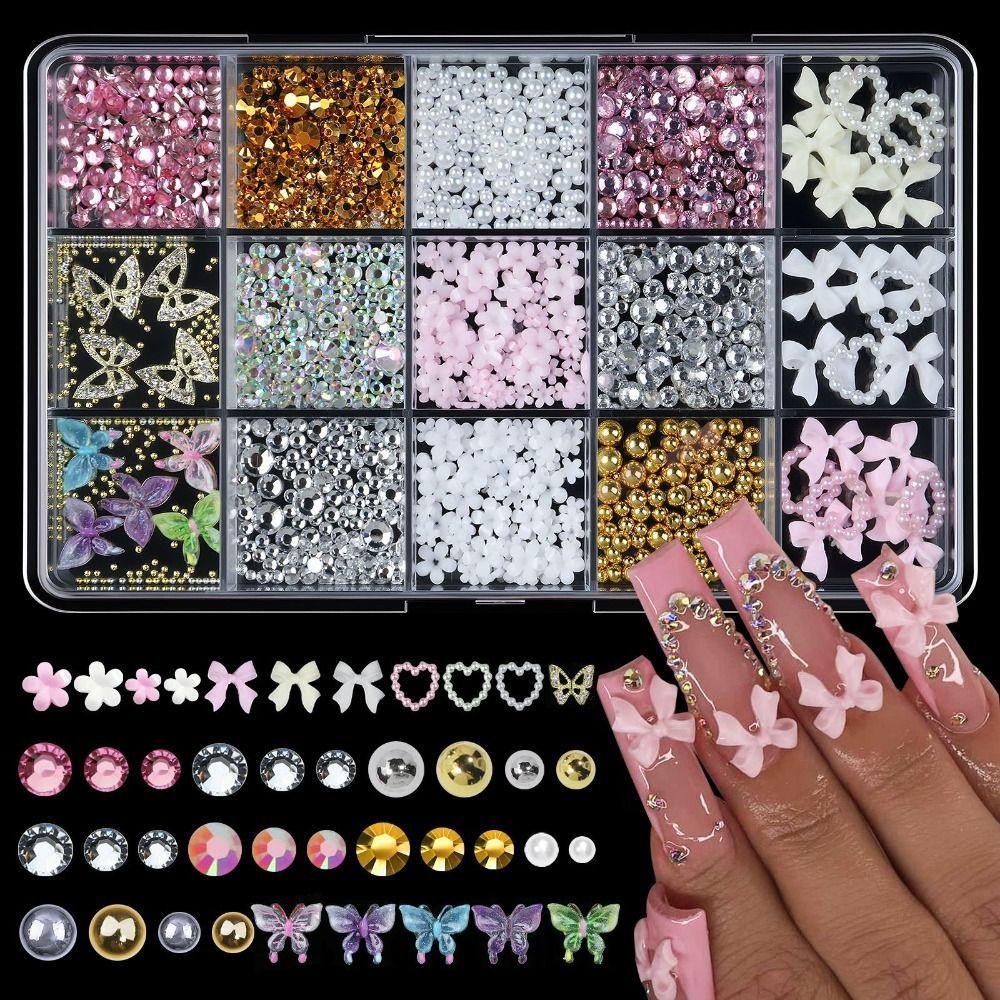 15Grids/Box Resin Nail Rhinestones Mixed Bowknot Pearl Heart Nail Art Decorations  DIY