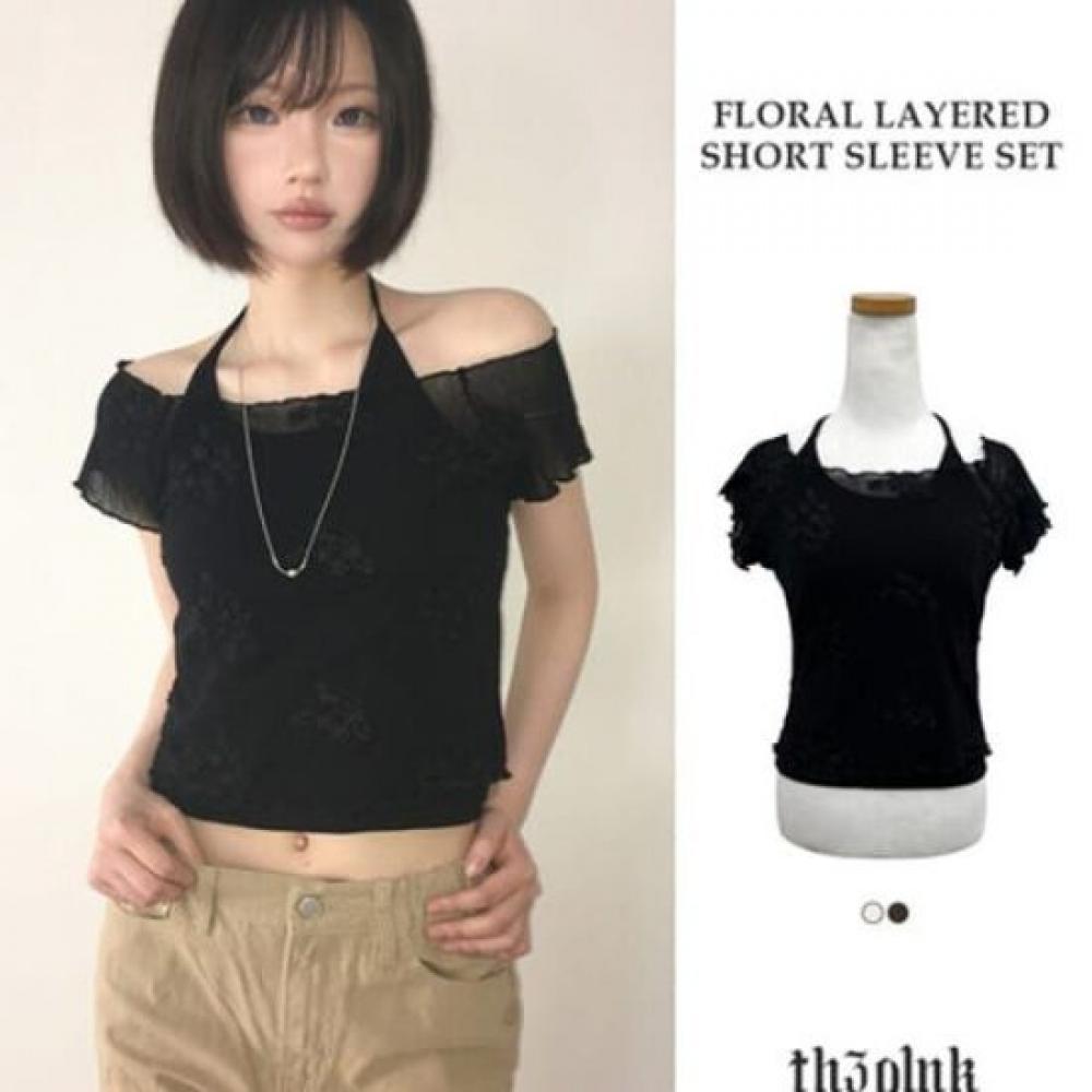 The Pink Women Flown Flower See Through T shirT + sTrap halTerneck Tank seT