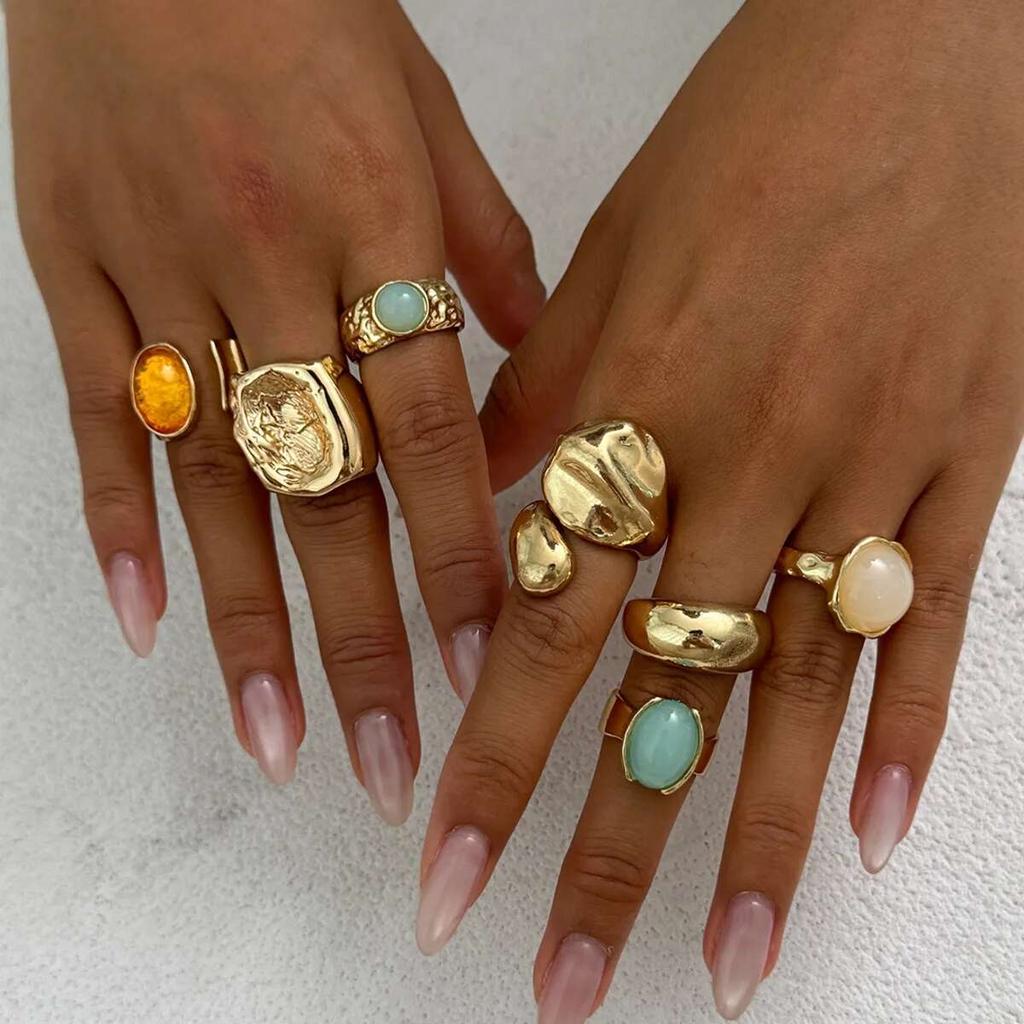 KunJoe 7 Stück/Set Vintage Bunte Acryl Offene Ringe für Damen Punk Geometrische Schlangenform Breiter Ring Finger Schmuck Zubehör