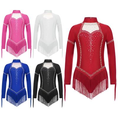 Costume da Ballo Latino con Frange per Ragazze Collo Alto Manica Lunga Schiena con Foro Leotard Strass Brillanti Frange Vestito