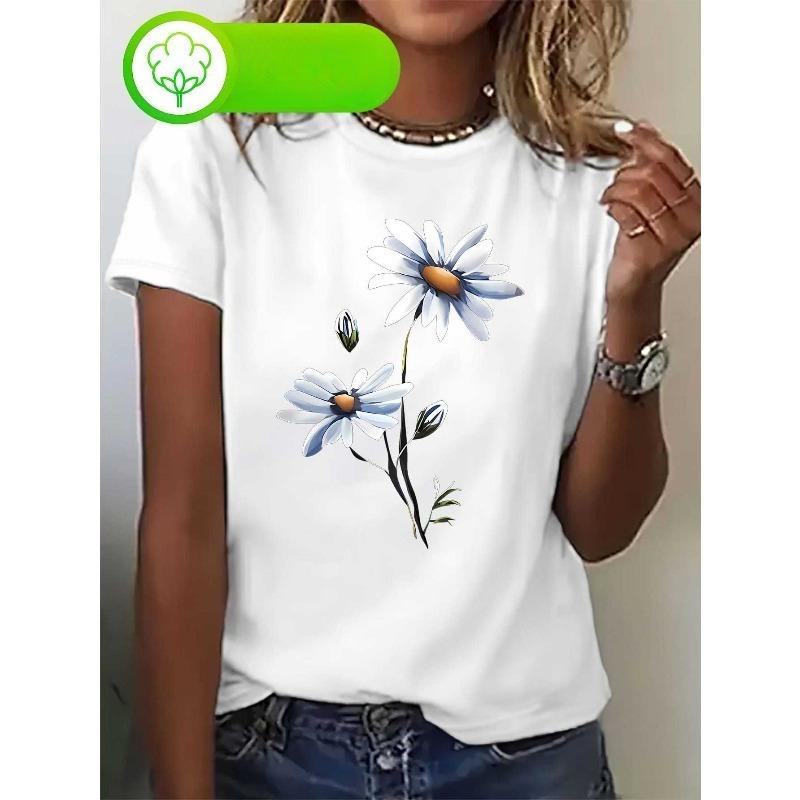 Womens Vibrant Daisy Print Tee Round Neck Short Sleeve Lightweight Breathable Comfort Fit Floral Casual Everyday Top for Spring Summer Fall