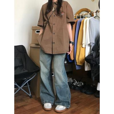 Vintage Kurzarmshirt Streetwear Damen Oversize Button Up Koreanische Mode Chic Coole Bluse Ästhetische Hippie Japanisch