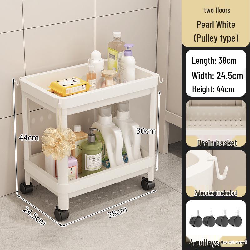 Vícepatrový koupelnový úložný vozík na kosmetiku a svačiny, stojící na podlaze