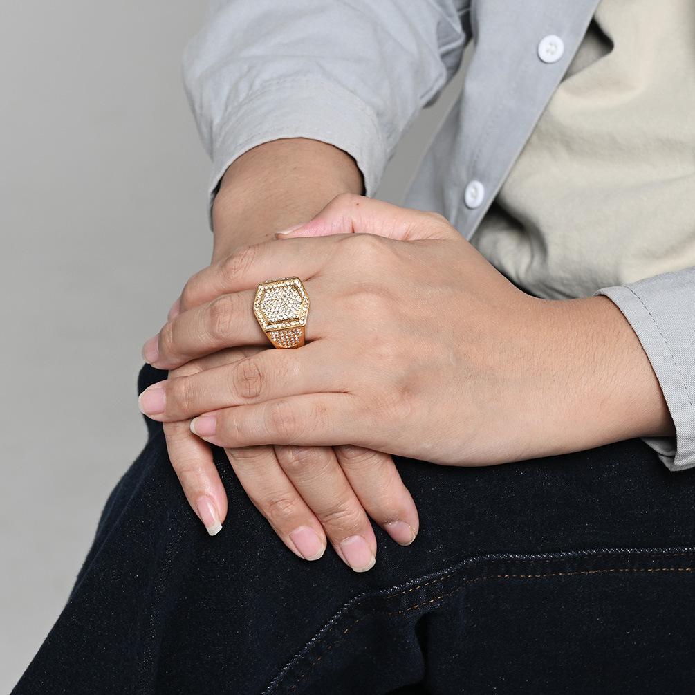 Hiphop Shinny Zircon Hexagon Shaped Ringn for Men Stainless Steel Ring Gold Plated Jewelry