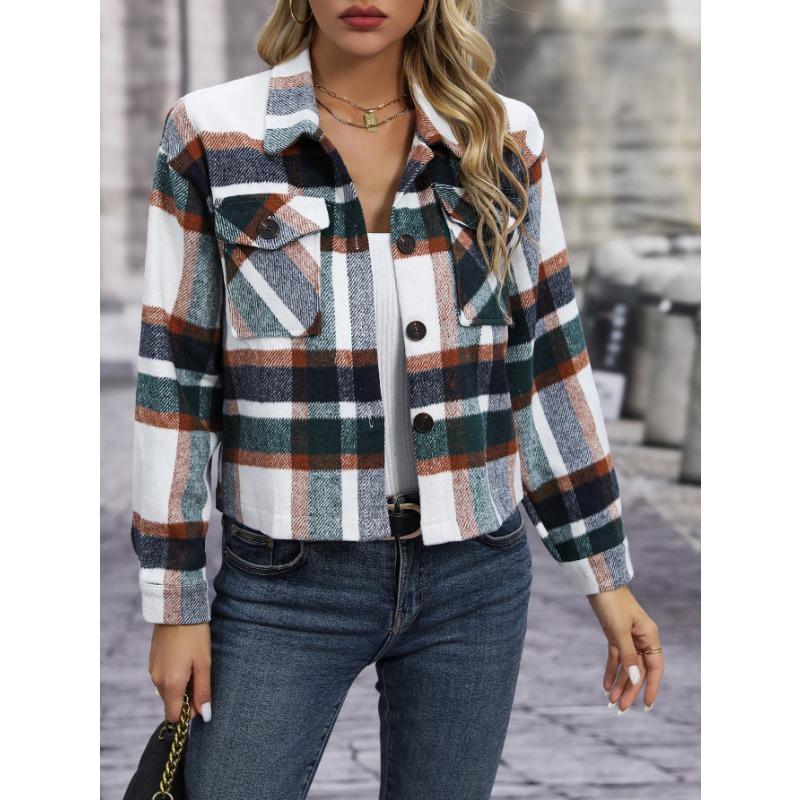 

2025 Autumn and Winter New Fashion Casual Pocket Plaid Women s Woolen Short Jacket XXL зелений
