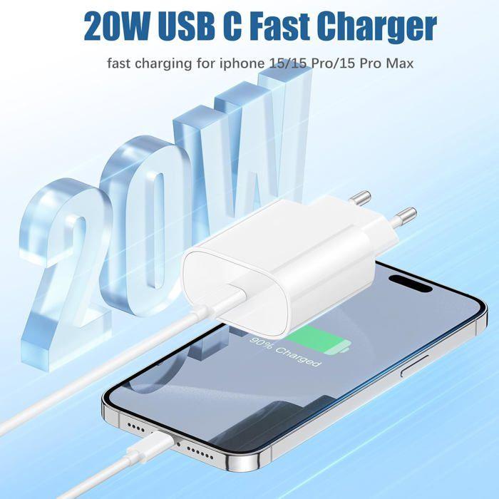 Chargeur - 20W - iPhone 15 Pro Max - Câble USB C 6FT - Charge rapide - Protection sécurité