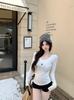 Pure desire white embroidered V-neck long-sleeved T-shirt women's autumn chic sweet hottie inner bottoming shirt slim-fitting short top