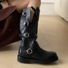 Flats Women's High Boots Designer Knee High Leather Shoes  Winter Fashion Chelsea Boots Trend Buckle New Gothic Mujer Botas
