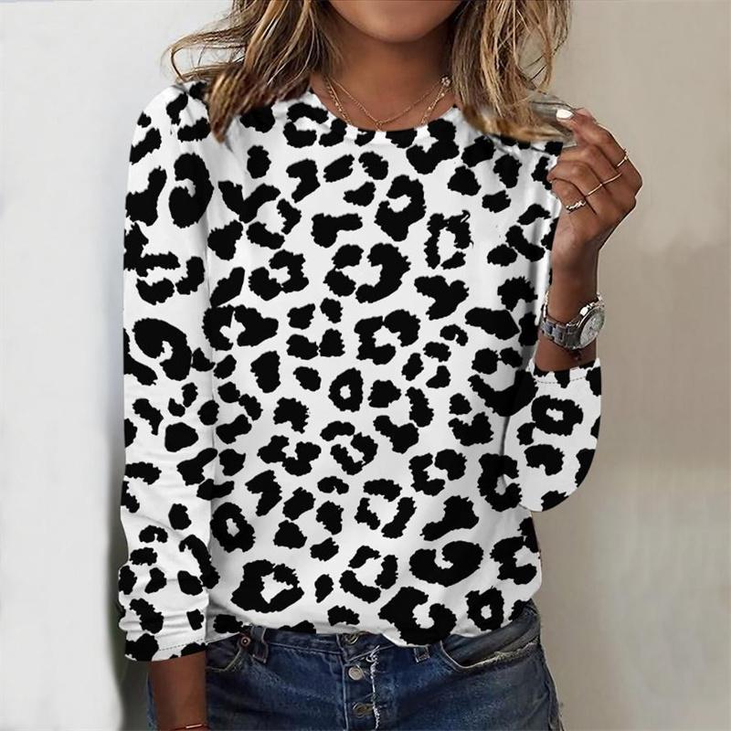 Spring and Autumn Round Neck 3D Leopard Printed Top Fashionable Casual Classic Long Sleeved Women's T-shirts