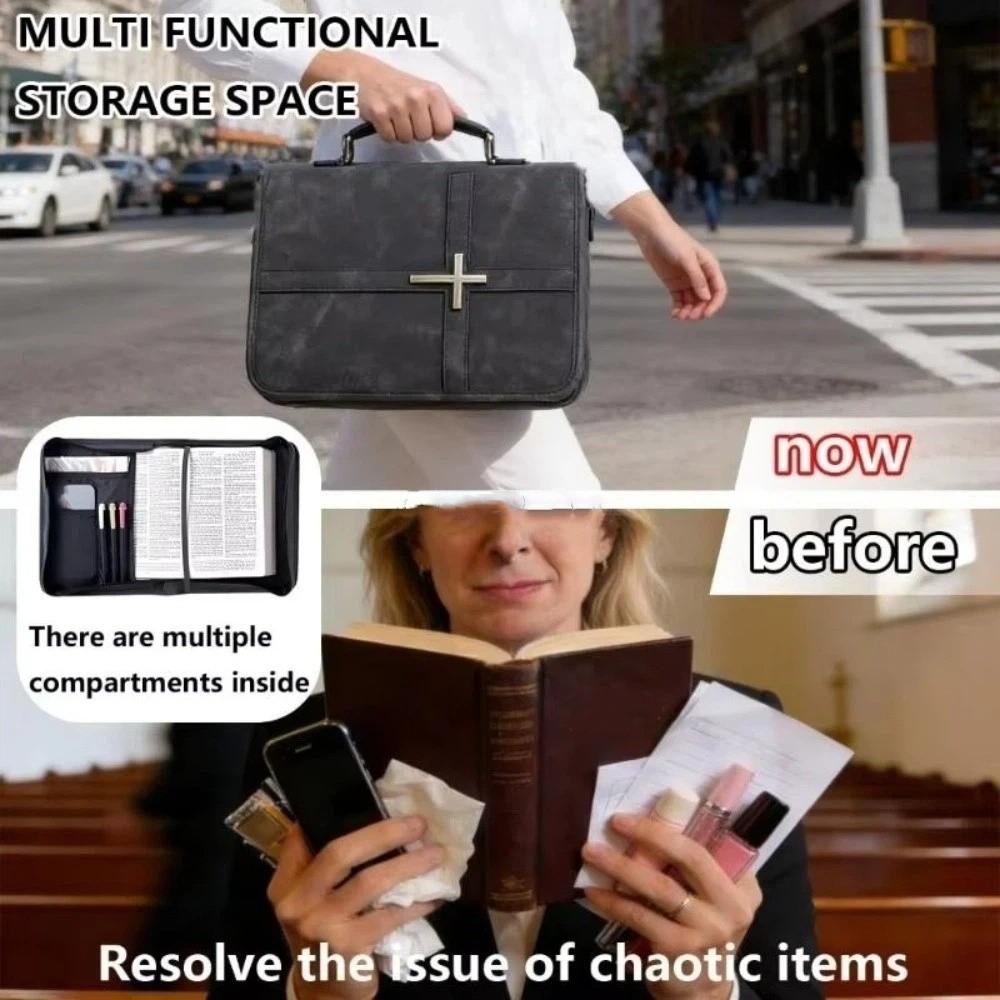 Funda de Biblia de Cuero Vegano con Temática de Cruz y Bolsillo para Teléfono Estuche para Llevar la Biblia Viaje