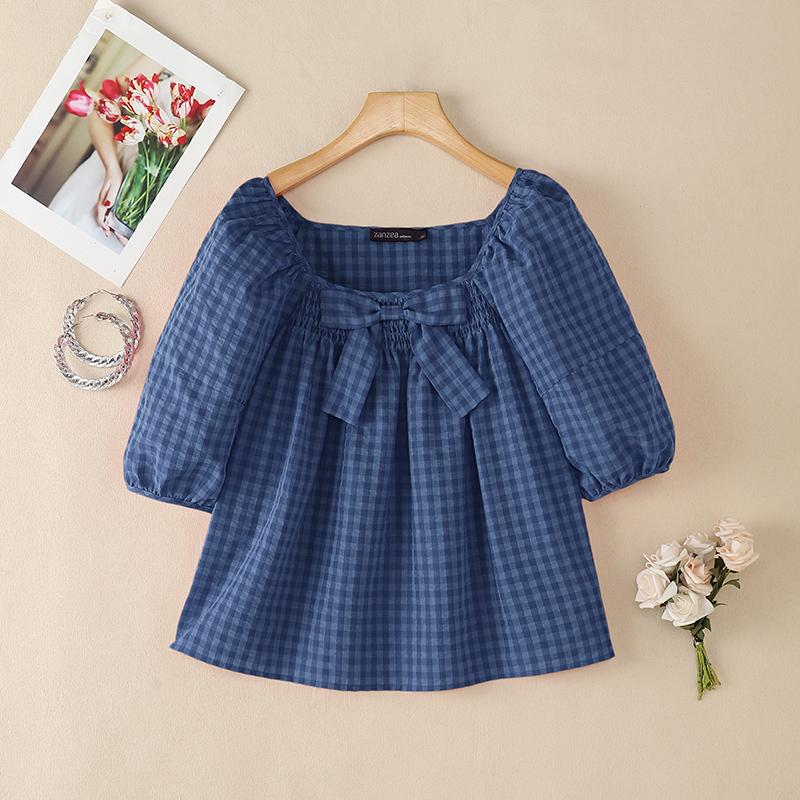 ZANZEA Women Square Collar Casual Short Sleeve Grid Print Blouse