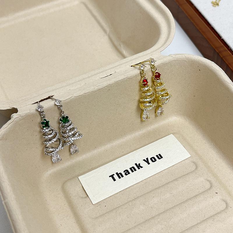 925 Silver Christmas Tree Zircon Stud Earrings - Elegant Holiday Jewelry for Women