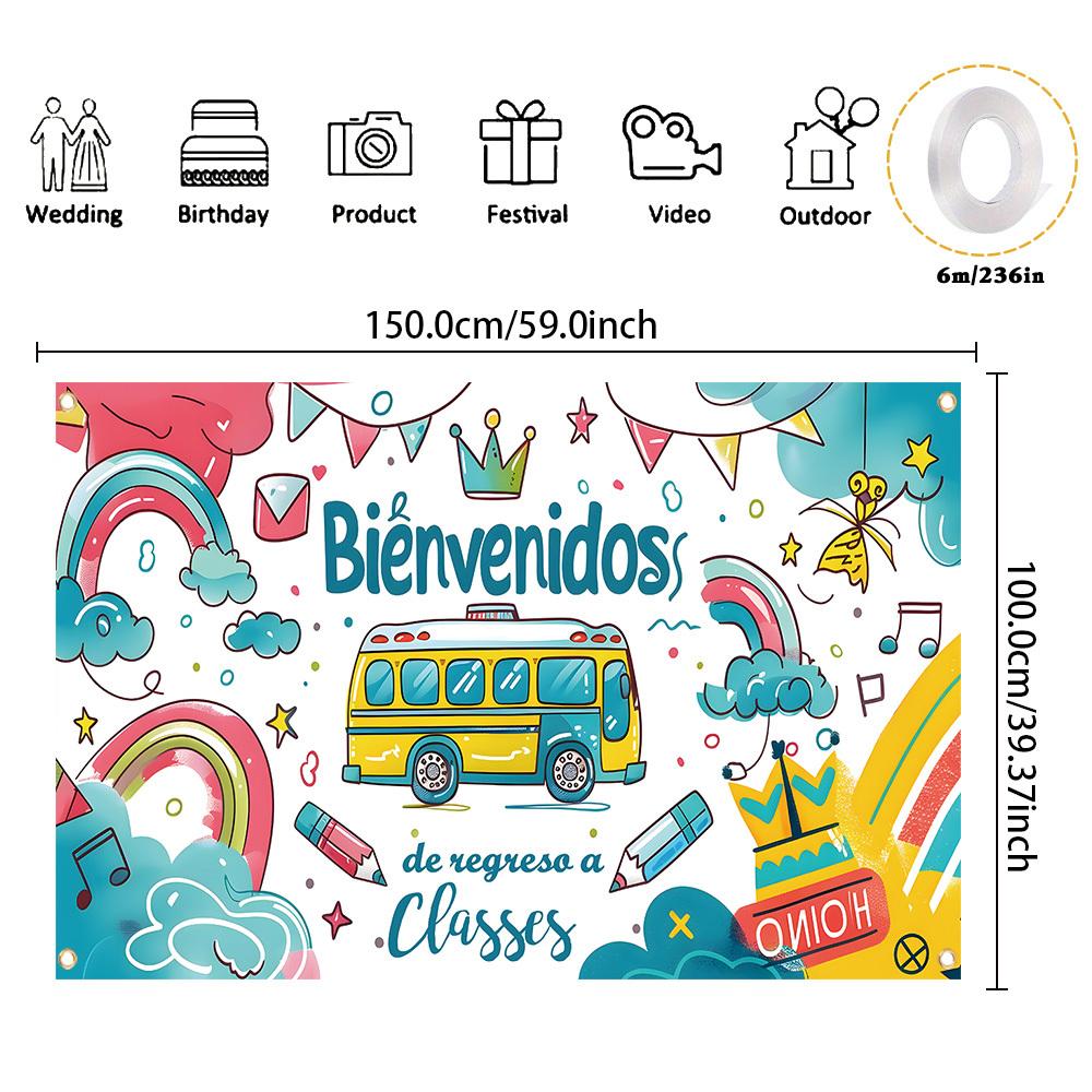 A Spanish banner welcoming students back to school with polyester fiber happily returning to the classroom background