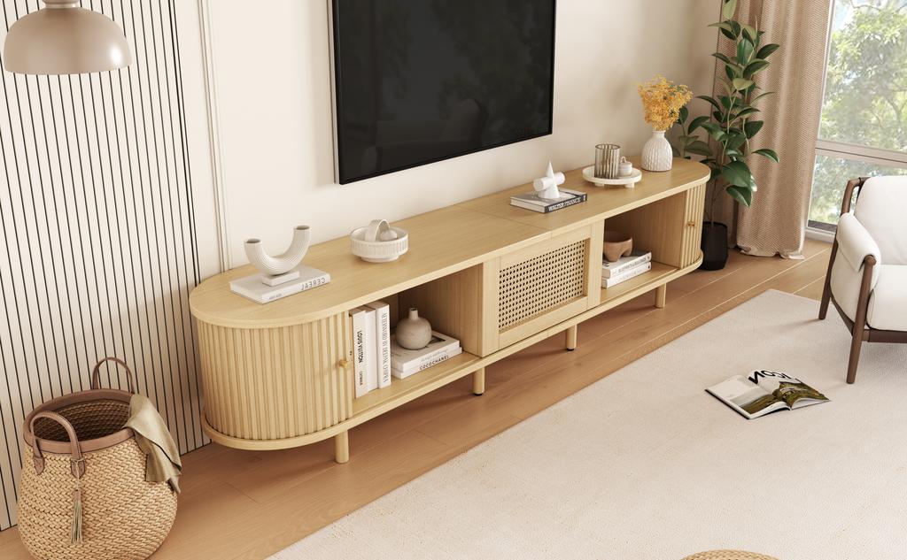Nowoczesna Niska Szafka RTV z Okrągłym Designem i Drzwiami Rolowanymi, MDF, Szuflada, na Telewizory do 75 Cali, Salon i Jadalnia, 180x40x40cm, Kolor Drewna