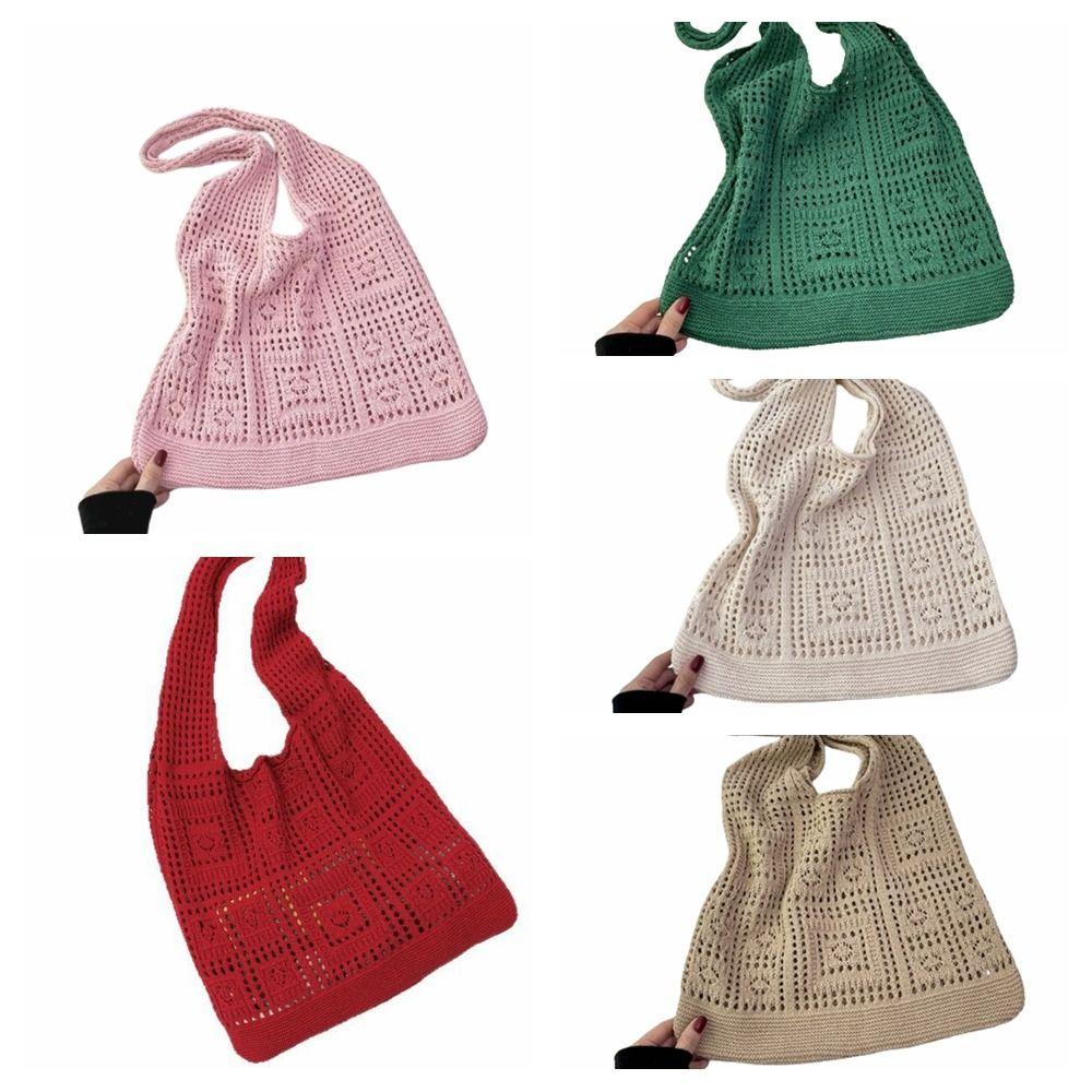 Hollow Crochet Mesh Bag Solid Color Beach Tote Bag Fashion Knitting Shoulder Bag  Ladies
