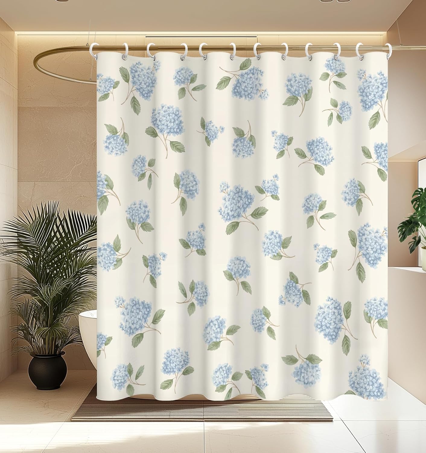 

Blue Hydrangea Floral Shower Curtain Elegant Garden Style White Background Bathroom Decor 70X70 Inches W60H190(CM)-1 Pcs