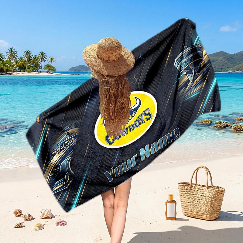 North Queensland Cowboys Customized Name Text Beach Towel, Soft Absorbent Towel Beach Pool Travel Personal Gift