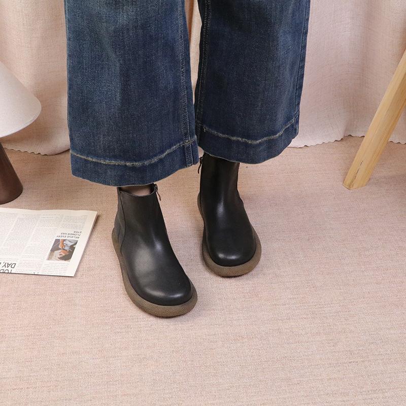 Johnature Genuine Leather Women's Short Boots Retro Side Zipper Round Toe Flat Chelsea Boots