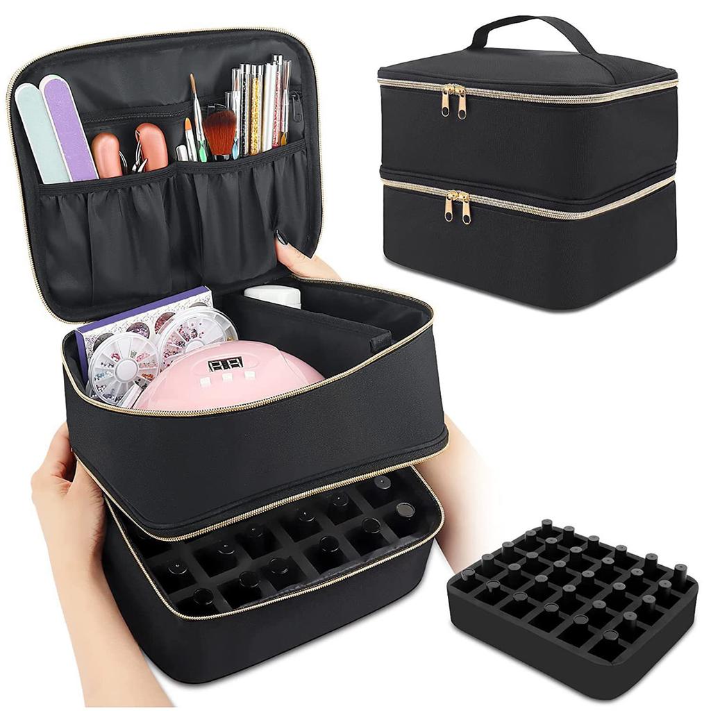 EVA Padded Nails Polish Organizers Bag Double Layer Storage for Bottles Lamp Set Professional Portable Carrying Case