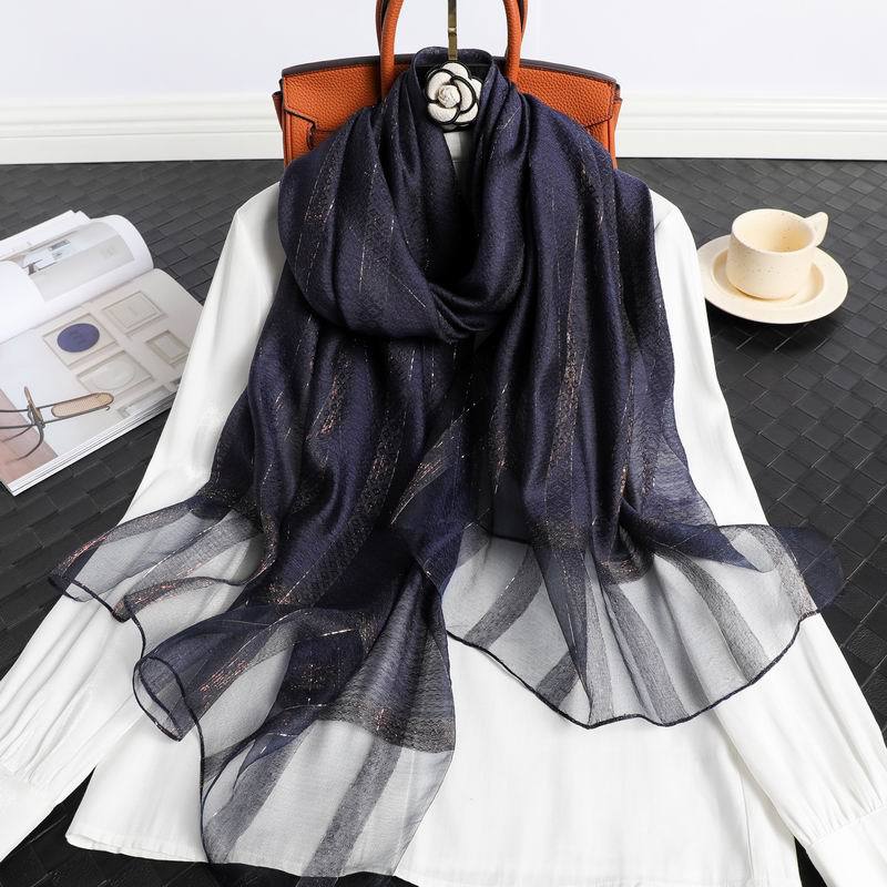 Fashion Stripe Women Silk Scarf Thin Summer Lady Beach Shawl Scarves With Gold Thread Muslim Foulard Female Hijab Headscarf