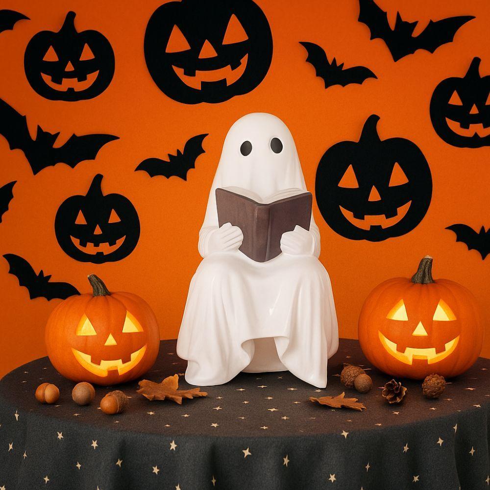 Cute Spooky Ghost Figurine Sitting Halloween Ghost Figurine Gift Ghost Reading Statue  Office Decor